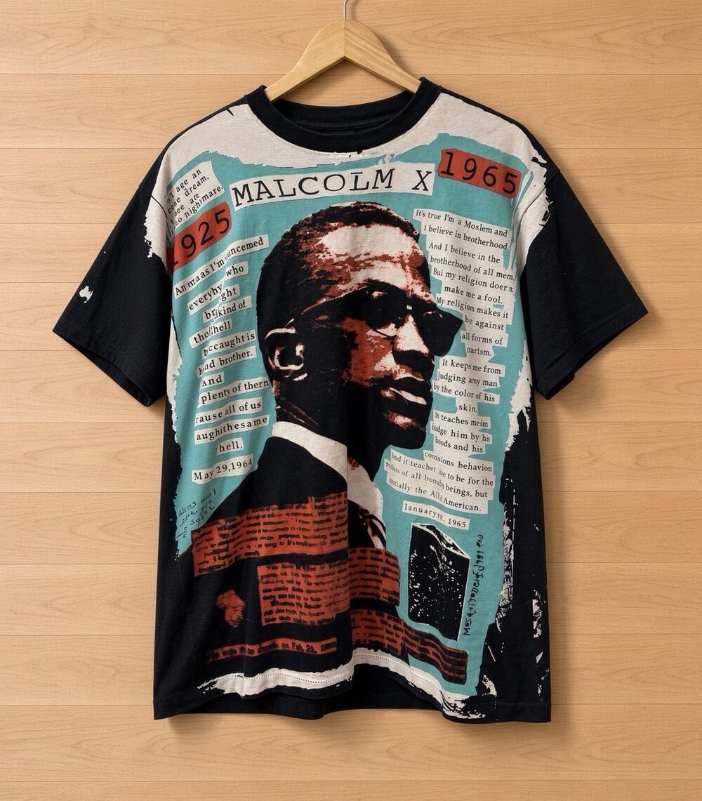 Hanes Ultraweight Malcolm X Graphic Print Black Men's L Crew Neck Preshrunk Tee